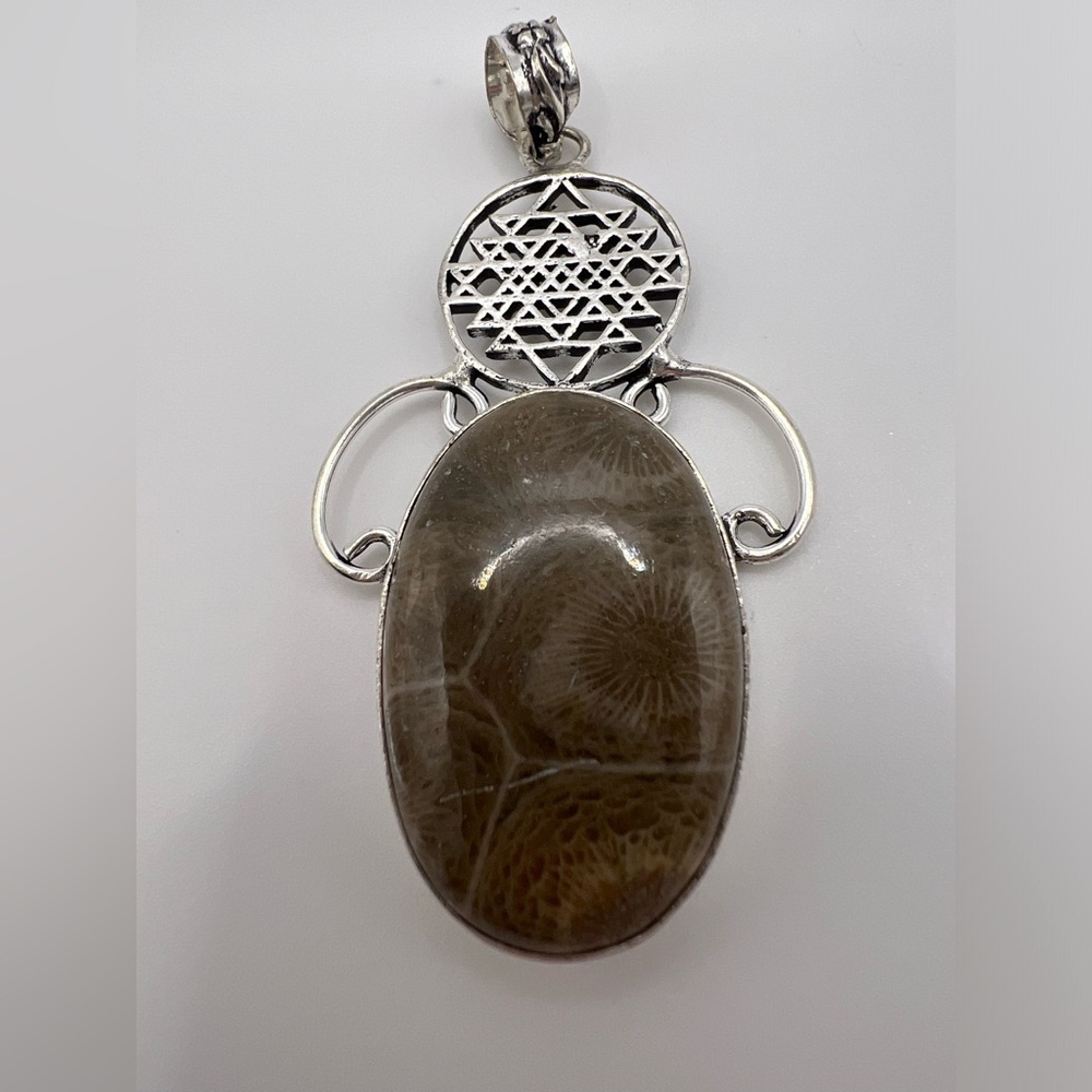 Fossilized Coral Silver Plated Necklace Pendant